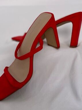 The Drop Size 7.5 -Bold Red High-Heel Slide Sandals with Slim Straps